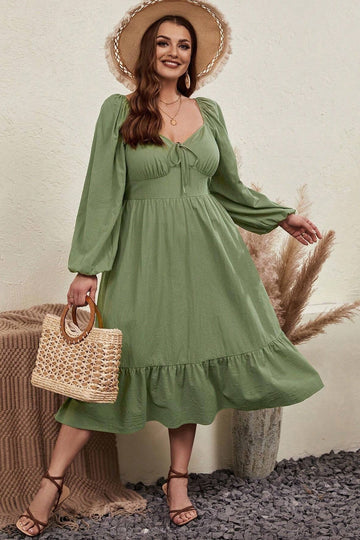 Woochic robe grande taille col en V manches bouffantes à volants cintrée robe à lacets vert 5 1XL